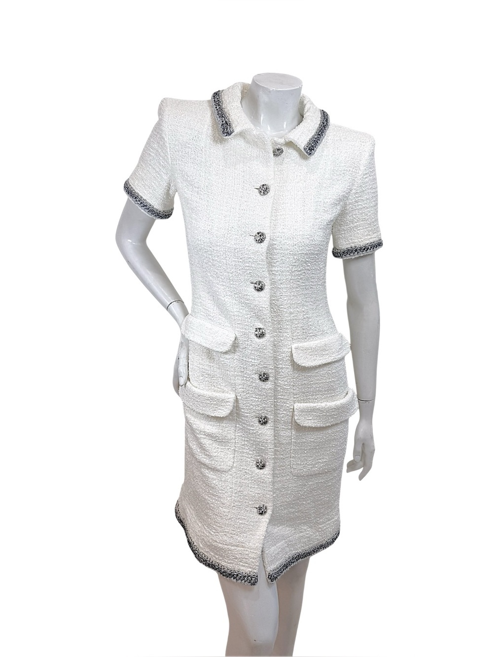 Chanel Spring 2020 White Bouclé Tweed Dress FR 36